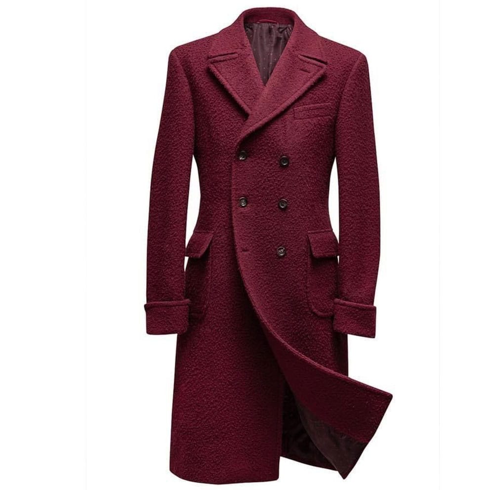 Luxurious maroon bespoke overcoat from Sartoria Bespoke, tailored for elegant style and craftsmanship.